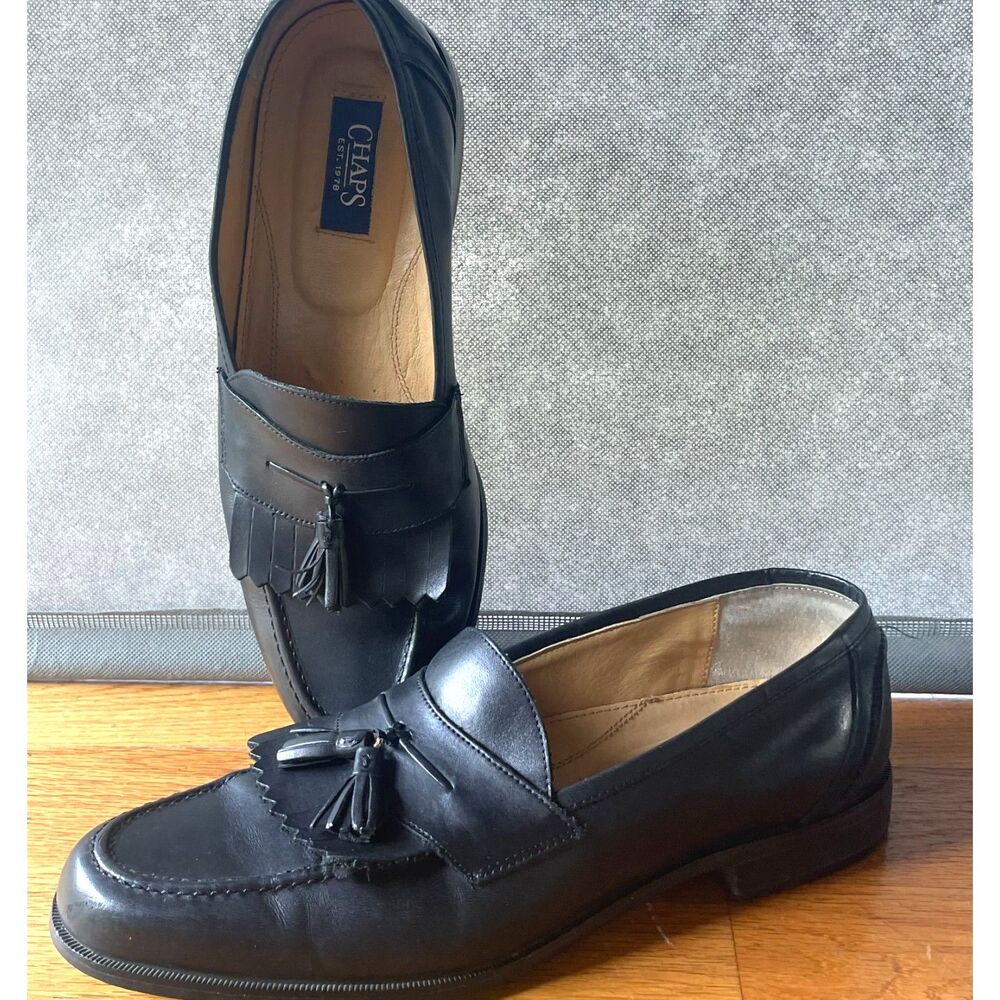 Chaps Mens 9.5M Black Leather Kiltie Fringe Tassel Loafers Dress Shoes